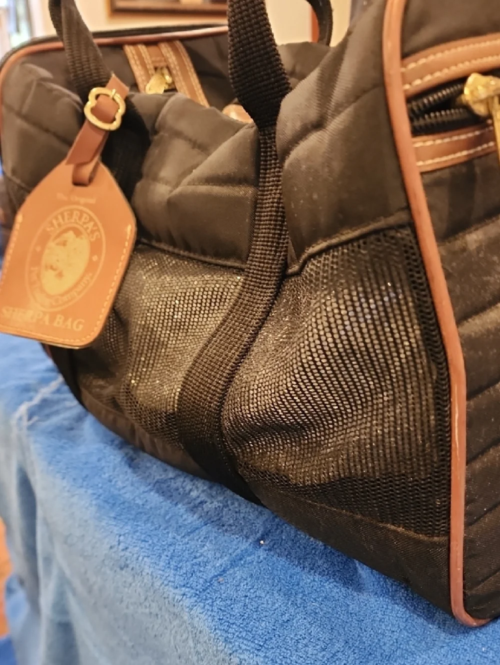 Sherpa Medium Black Quilted Pet Carrier Bag with Brown Trim